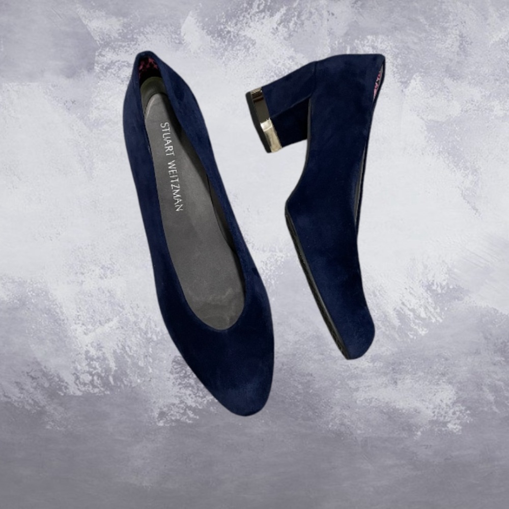Stuart Weitzman Navy Suede Silver Block Heel Pumps